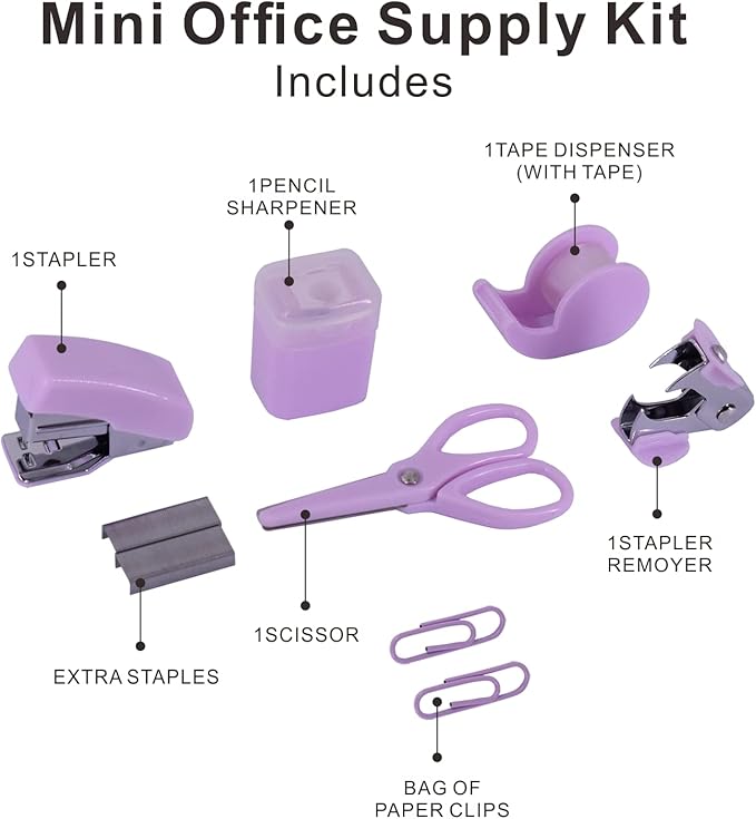 Mini Office Supply Kits – Includes Mini Stapler,Scissors, Staple Remover, Staples, Tape Dispenser (Purple)