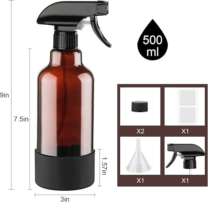 Glass Amber Spray Bottles with Silicone Sleeve, 2 Pack 16.9oz Refillable Containers with Adjustable Spray Nozzles, Empty Spray Bottle for Cleaning Solutions, Hair, Plants, Essential Oils (Black+Green)