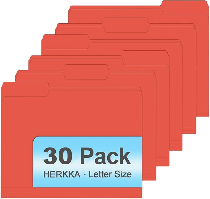 File Folder, HERKKA 30 Pack 1/3 Cut Tab File Folders, File Folders Great for Organizing and Filing, Letter Size, Red