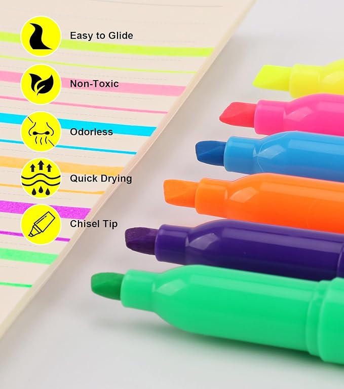Highlighters, 6 Assorted Colors, Dry-Quickly, No Bleed, Chisel Tip, Bright Multi Colored Highlighter Bulk for Office 30 Pack