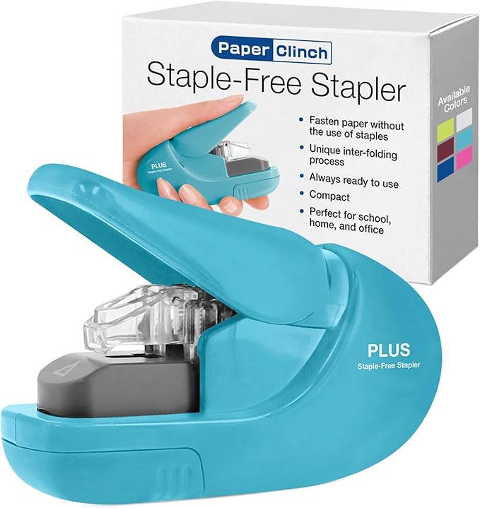 Plus Paper Clinch Compact Staple-Free Stapler, Blue Turquoise