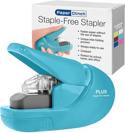 Plus Paper Clinch Compact Staple-Free Stapler, Blue Turquoise