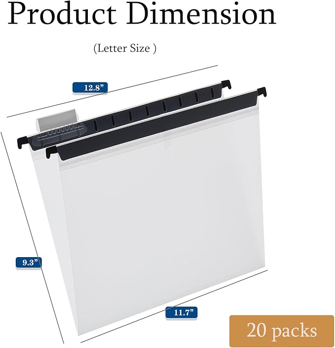 20 Piece Transparent Hanging Folder, Letter Size, with 1/5 Cut Adjustable Label, polyethylene Hanging File Folder 9.5x11 inch, Suitable for Office, Home, School