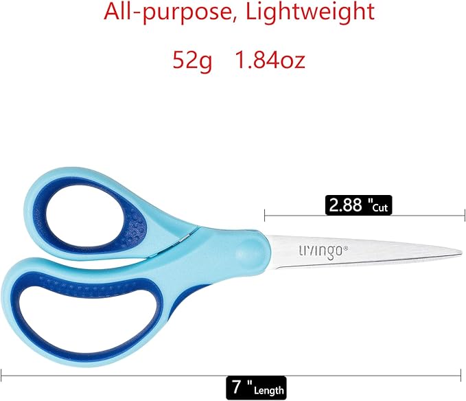 LIVINGO Student Scissors for School: 7 Inch 3 Pack Sharp Pointed Tip Teacher Scissors for Kids Middle High School College Classroom Craft, Comfortable Grip, Right Left Handed, Blue, Green, Yellow