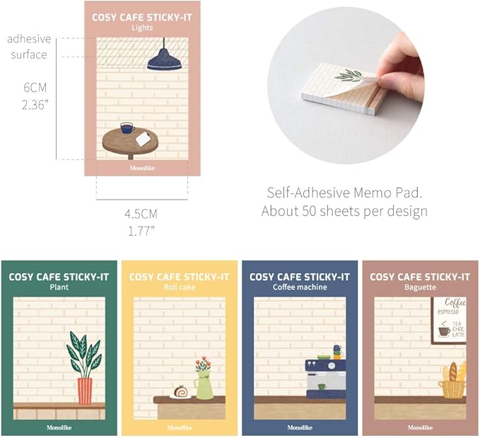 Monolike Cosy Cafe Sticky-it - 5p Set Self-Adhesive Memo Pad 50 Sheets