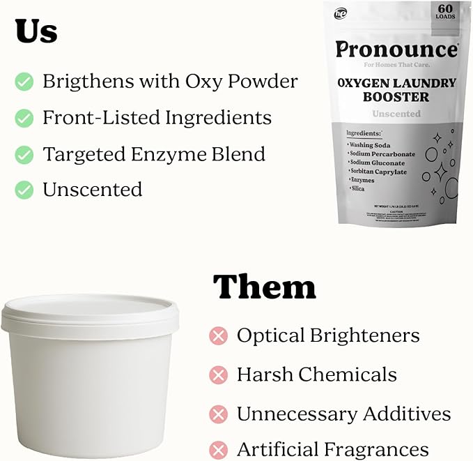 Pronounce Oxygen Laundry Booster with Enzymes - Brightens White & Tough on Stains, Fights Odor. Stain Remover, Cleaner Ingredients, Fragrance Free - Ultra Concentrated, HE - 60 Loads (Unscented)