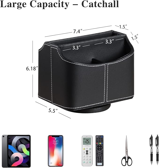 YAPISHI Leather Remote Control Holder, 360 Degree Spinning Desk TV Remote Caddy/Box,Bedside Table Organizer for Controller, Media, Mail, Calculator, Mobile Phone and Pen Storage