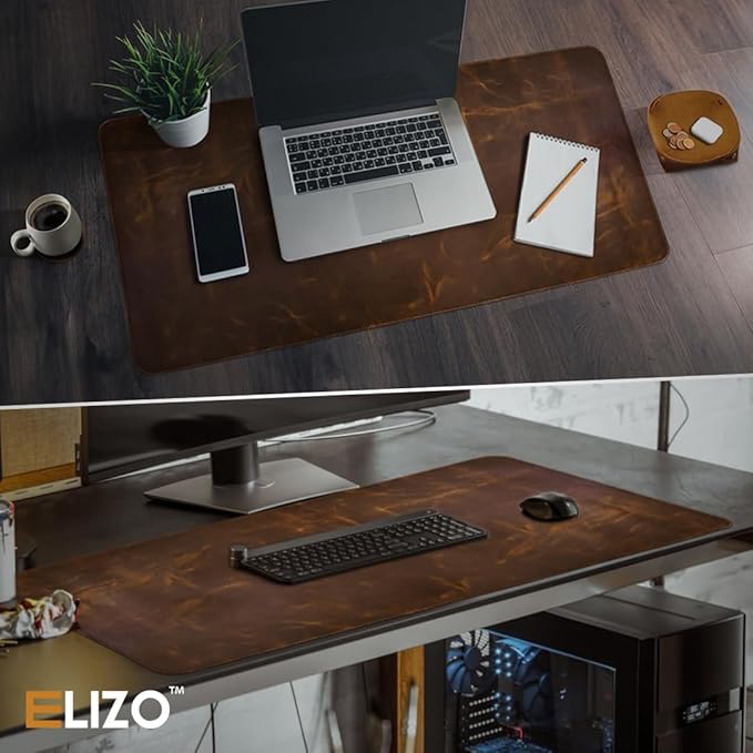 Elizo Real Leather Desk Mat Set (32x16) Large Desk Cover Desk Blotter Protector Computer Gaming Mouse Pad Table Laptop Office Desktop Accessories