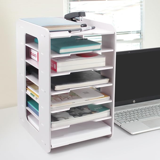 SONGWAY Paper Storage Organizer for Desk - 7 Tier Paper Sorter Organizer, Letter Mail Tray, File Folder Holder Rack, White Desk File Organizer for Home Office