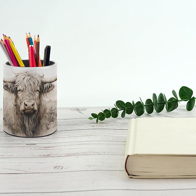 Highland Cow Pen Holder Pencil Organizer Cute Pencil Cup Desk Decor Makeup Brush Holder PU Multifunctional Office Suppliesfor Home Classroom School