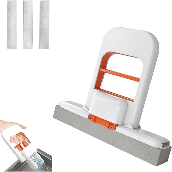 Mini Foldable Desktop Mop, 2025 New Self-Squeezing Sponge Mop for Small Spaces- No Touch Wringing, Wet/Dry Use on Kitchen Countertops, Bathroom Tiles, Glass, Car Interiors(Orange + Sponge Head*3)