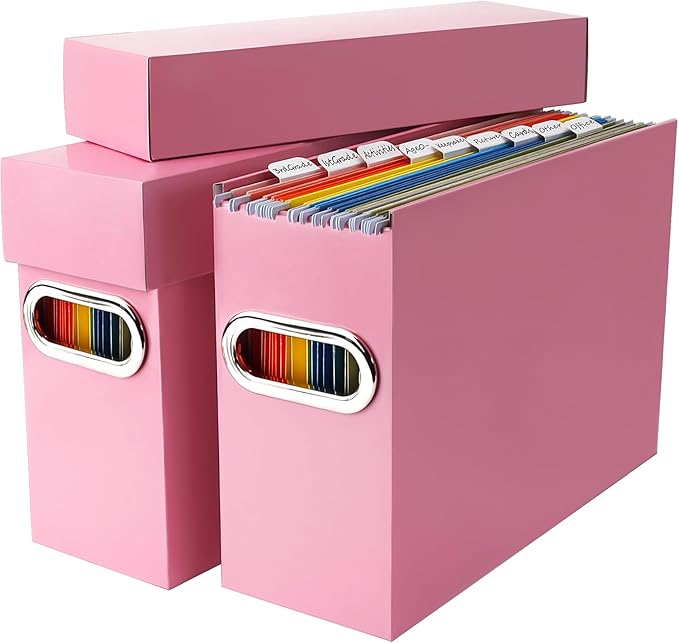 File Organizer Box with Lid, Collapsible Hanging File Folder Storage Boxes for Documents, Portable Filing Organizer for Office, Home, Classroom(Pink, 2 Pack)
