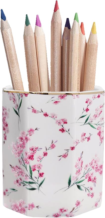 Pen Holder Stand for Desk Floral Pattern Pencil Cup for Girls Kids Durable Ceramic Desk Organizer Makeup Brush Holder for Office Classroom Home Pink Flowers