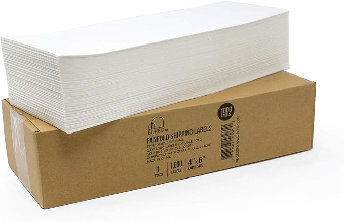 Buhbo 4" x 6" Direct Thermal Labels - Perforated BPA Free - Compatible with Zebra & Rollo Printer - Commercial Grade Shipping (1000 Fanfold Labels)