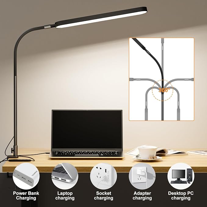 SKYLEO Led Desk Lamp - Desk Light for 33.5" Tall - Flexible Gooseneck - 5 Color Modes X 11 Brightness Levels - 1300LM - Timmer & Memory Function - 12W Clip on Light - Black