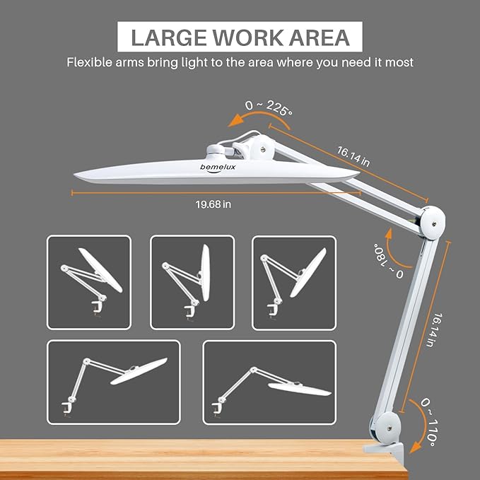LED Nail Desk Lamp with Clamp, 117PCS LEDs, 2200 Lumens 20 Inch Metal Swivel Arm Dimming Task Lamp for Reading,Desktop Office,Workbench,Architect,Sewing,Study,Home Craft and Nail(White)