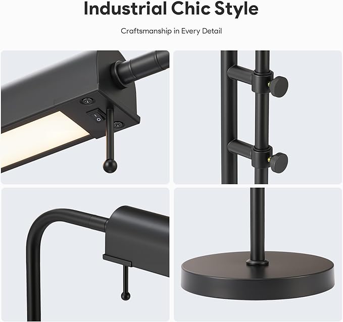 VONLUCE Rustic Desk Lamp, Adjustable Industrial Style Metal Table Lamp, 3 Color Temperatures LED Reading Lamp for Living Room Bedroom Office, Black