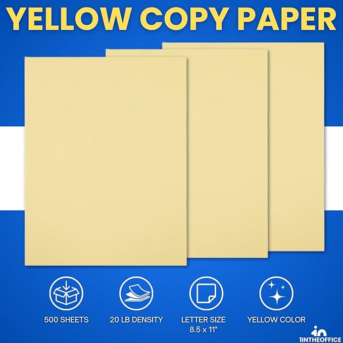 1InTheOffice Colored Copy Paper 8.5x11, Yellow Colored Copy Paper, Printer Paper, 20lb Density, Letter Size, 500 Sheets