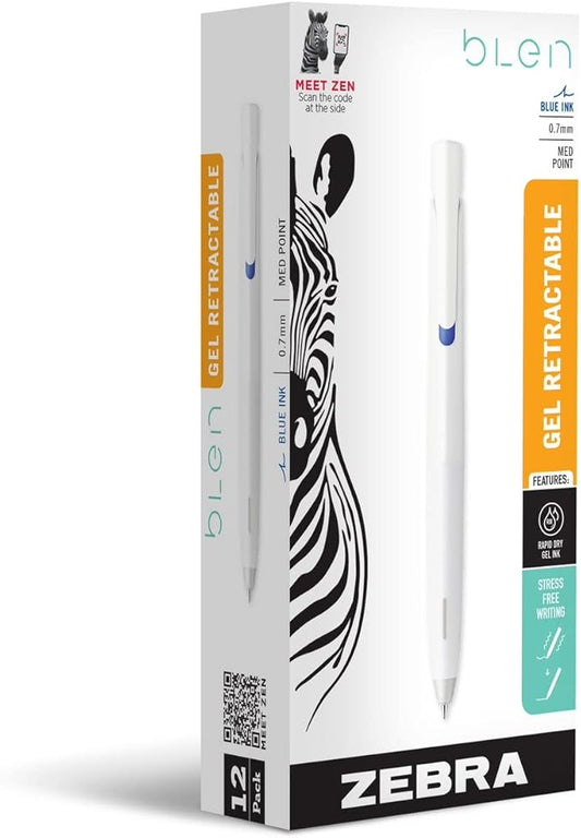 Zebra Pen bLen Retractable Gel Pen, White Barrel, Medium Point, 0.7mm, Blue Ink (Pack of 1,12 Count Total)