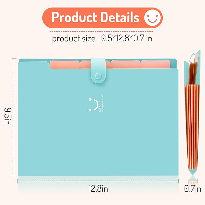 Forvencer Accordion File Organizer, Letter Size, 5 Pocket Expanding File Folder, Cute File Folder with Labels, Portable File Organizer for School Office Supplies, Folders for Documents, Light Green