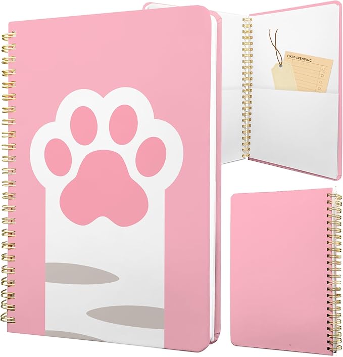Cute Spiral Notebook journal A5 Aesthetic Pretty Floral Design for Women Girls Kawaii with Pocket, 8.5 x 5.7 inch, Pink Cat Paw