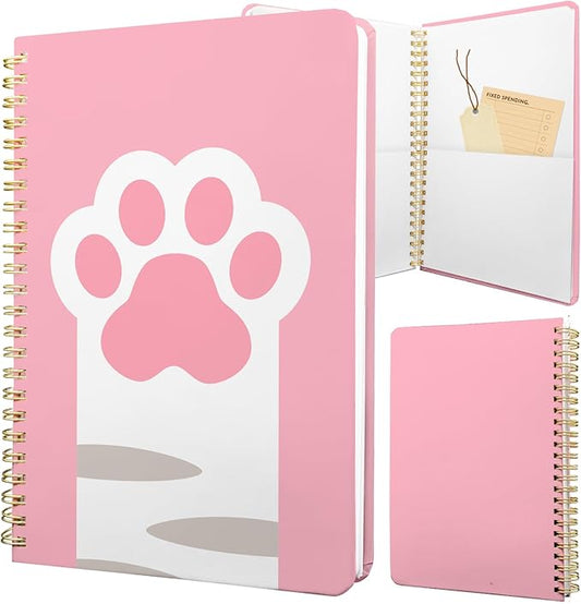 Cute Spiral Notebook journal A5 Aesthetic Pretty Floral Design for Women Girls Kawaii with Pocket, 8.5 x 5.7 inch, Pink Cat Paw