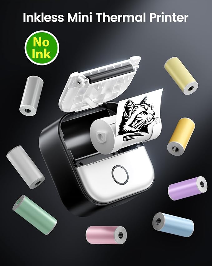 Memoking Mini Printer - Sticker Printer T02 Portable Thermal Inkless Sticker Maker Machine, Bluetooth Pocket Labeler for Study Graphics, Anatomical Diagrams, Photos, Receipts, Black
