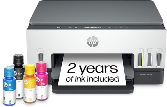 HP Smart Tank 6001 Wireless All-in-One Ink Tank Printer, Scanner, Copier with 2 years of ink included, Best-for-home, Refillable, AI-enabled (2H0B9A)