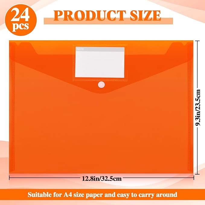 Lincia 24 Pcs Plastic Envelopes A4 Size Poly Envelopes File Folders Work Document Holder Office Paper Plastic File Organizer with Label Pocket Snap Button Home Bag for School(Clear Orange)