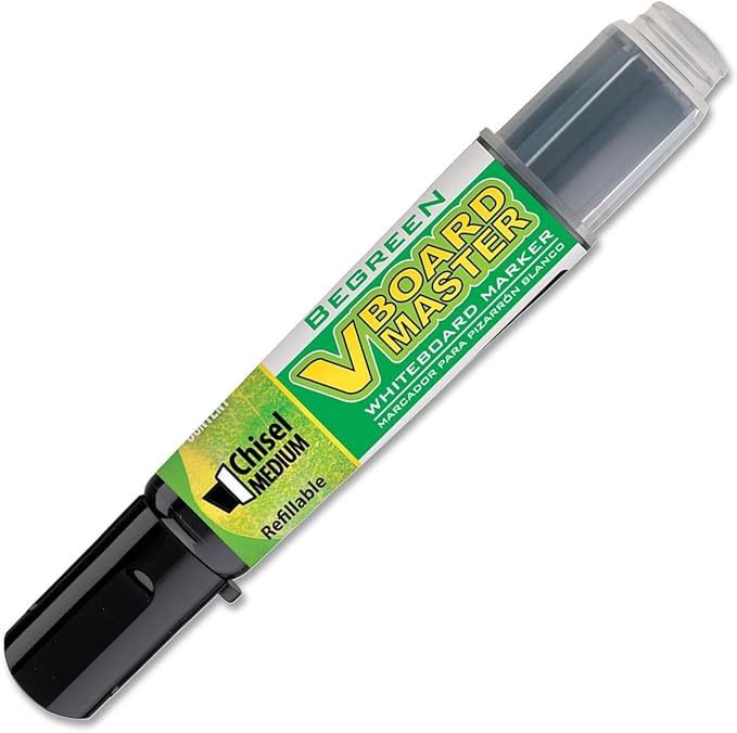 PILOT V Board Master BeGreen Refillable Dry-Erase Markers, Chisel Tip, Black Ink, 12 Count