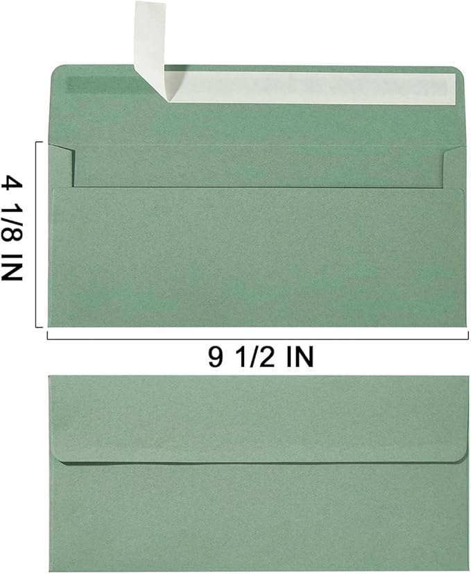 Wishop 100 Pack Sage-Green #10 Business Envelopes Self Seal Standard Envelopes for Office Checks, Business, Letter Mailing Invoices, 4.13 x 9.49 Inches (100)