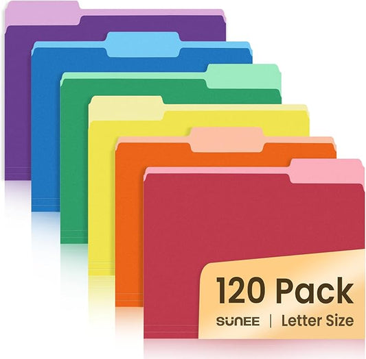 SUNEE File Folders, 120 Pack Manilla Folders 8.5 x 11, Colored File Folders Home Office School Supplies for Documents Files Paper, 6 Assorted Colors