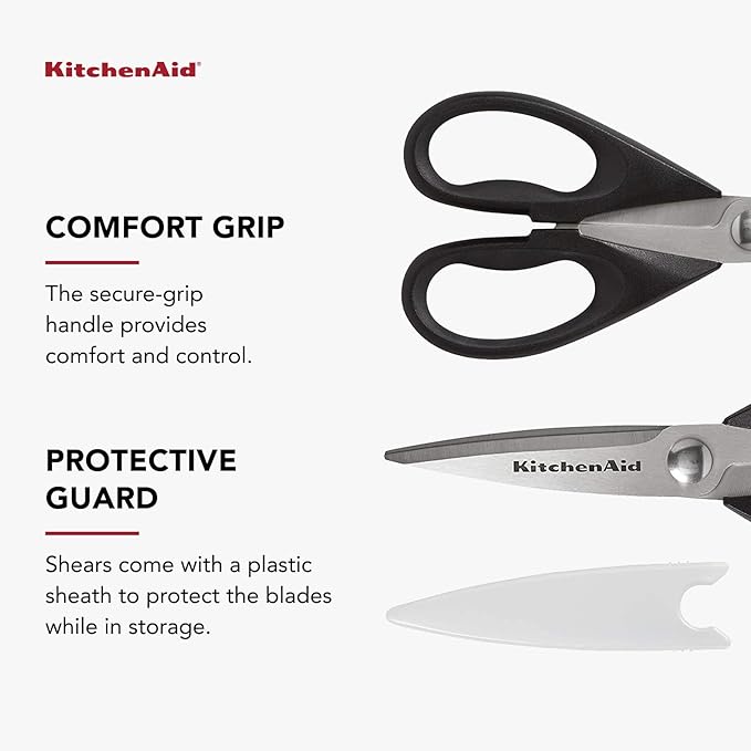 KitchenAid All Purpose Kitchen Shears with Protective Sheath Durable Stainless Steel Scissors, Dishwasher Safe, Soft Grip Comfort Handle, 8.72 Inch, Black