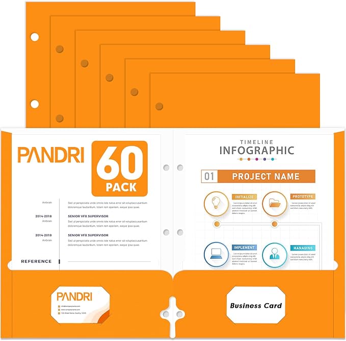 Two Pocket Portfolio Folders, PANDRI 60 Pack 3 Hole Punched 2 Pocket Folders for 3 Ring Binder, Letter Size Paper File Folder for School Office Home Business, Orange