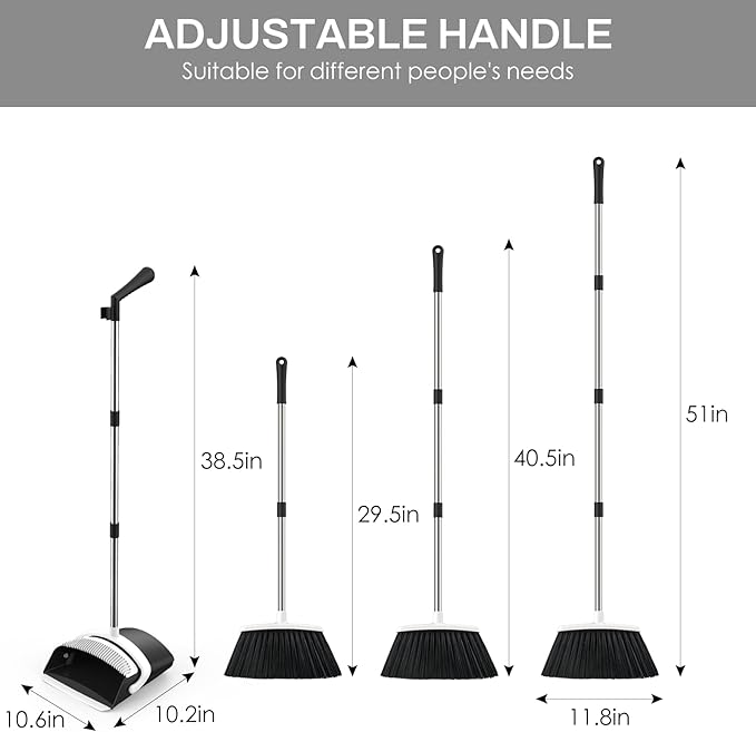 EZKEY Broom and Dustpan Set for Home, 51-in Long Adjustable Handle Angle Broom and Dustpan Combo Set with Dust Pan Teeth to Clean Hair for Home Kitchen Office Lobby Floor Garden (Black&White)