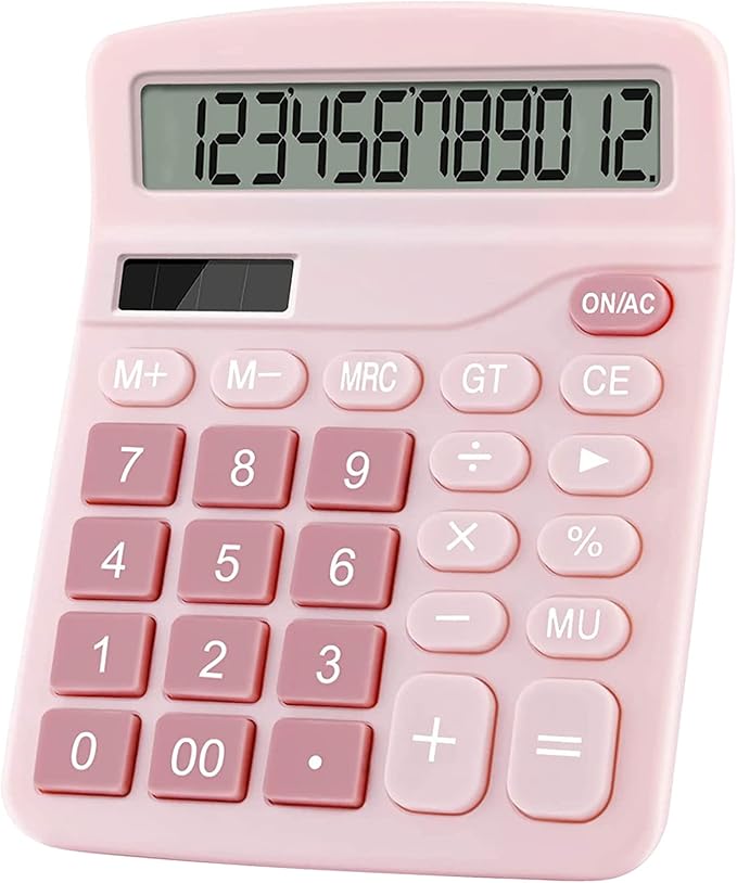 Office Calculators Desktop, 12-Digit Dual Power Cute Calculator with Large LCD Display Big Button for Office Home and School (Pink)