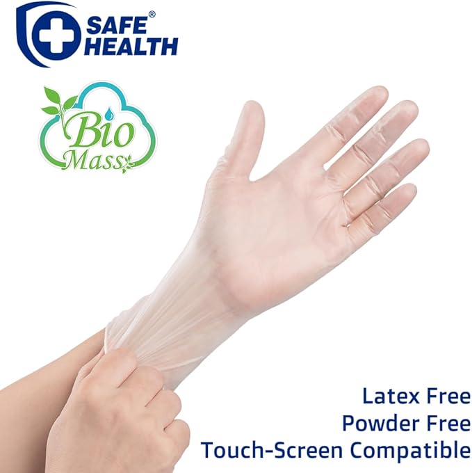 Safe Health Biomass Eco-Friendly Vinyl Disposable Gloves, USDA Certified Biobased Product, Latex Free, Powder Free, Clear, Box of 100, Large, 3 mil