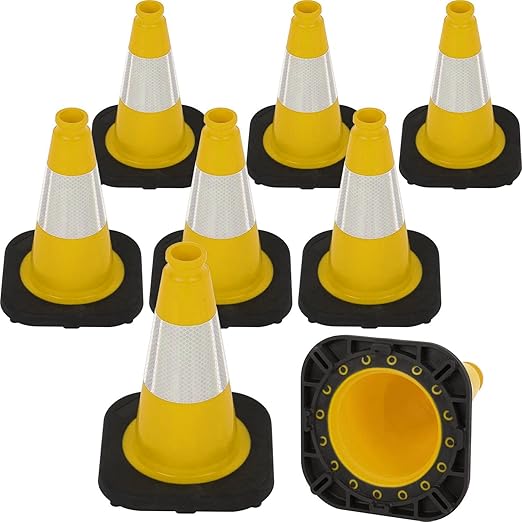 Fluorescent Orange/Green PVC Traffic Cones, Heavy Black Base Parking Lot Cone Structurally Stable Weatherproof Road Construction Safety Cones (8, Yellow, 12" Small)