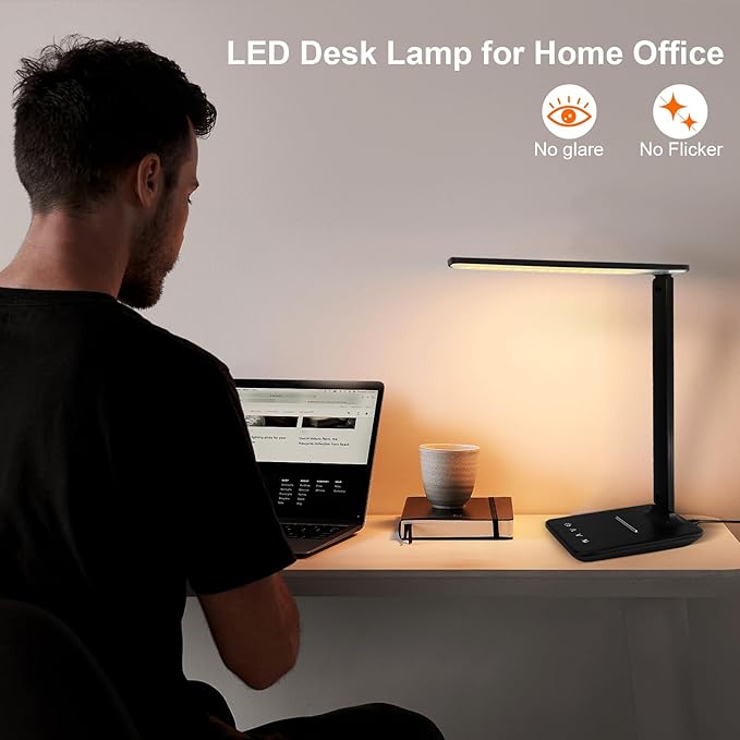 karidi LED Desk Lamp Dimmable Table Lamp with USB Charging Port, 5 Lighting Modes, Sensitive Control, Foldable Portable Desk Light for Home Office Bedroom Reading (Black, Standard Size - 13.3 inch)