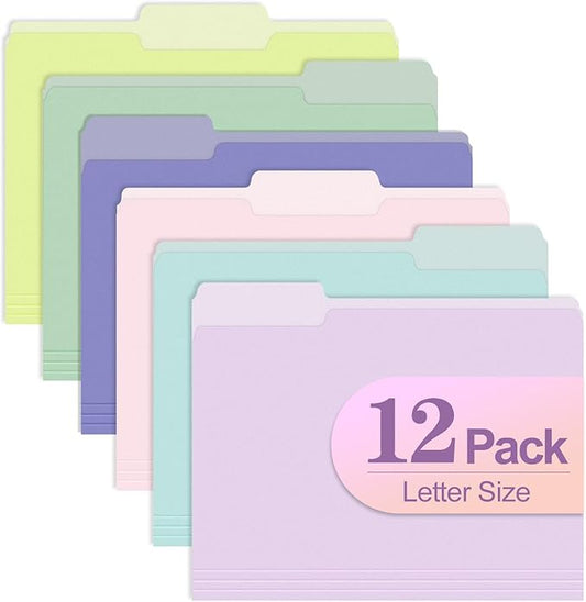 Piasoenc Color File Folders Set of 12, 1/3 Cut Tab, Letter Size Folder for 8.5 x 11 Documents Files, Assorted 6 Colors Filing for Office School Business