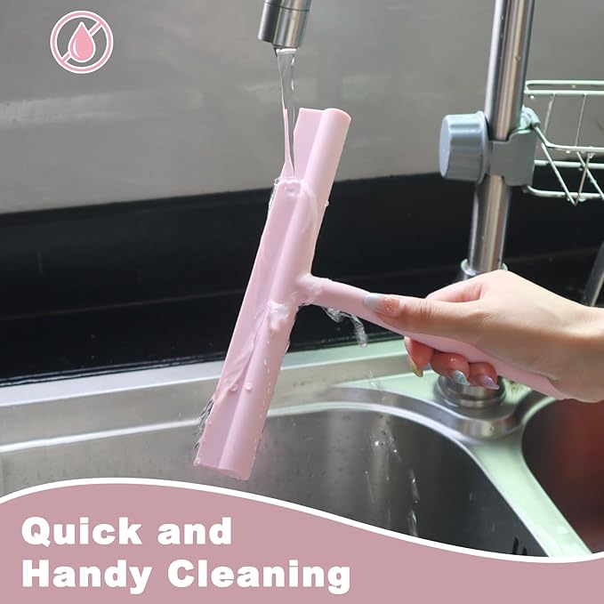 DEOFUXT Squeegee for Shower Glass Doors, Resilient Loop - No-Drill & Adhesive Hook, Silicone Shower Squeegee with Stainless Steel Core, Cleaning Tool for Home, Kitchen, Bathroom & Car - Pink