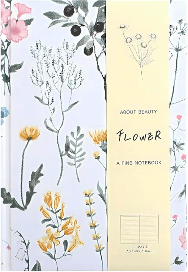 Floral Journal for women, Floret Hardcover Notebook, A5, 6x8, Medium Ruled Notebook, Lay-flat, Linen Journal, Notebooks for School, Writing Journal, Reading Journal, Garden Journal, White