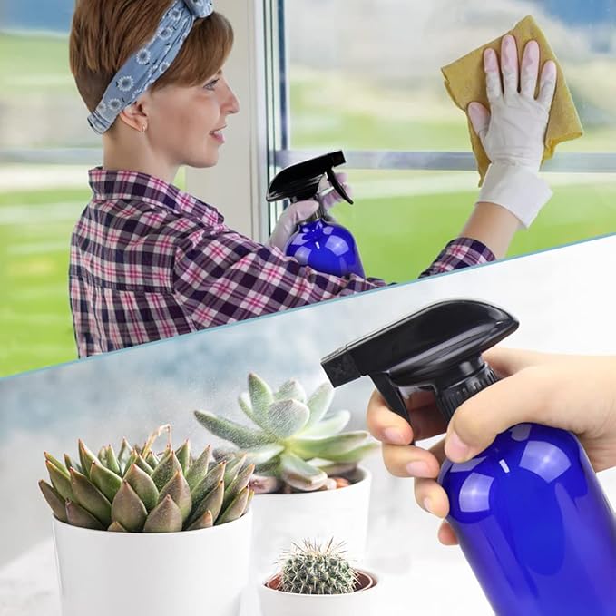 Glass Spray Bottle, Blue Glass Spray Bottle Set & Accessories Refillable for Plants Window Cleaners Aromatherapy Facial Hydration Watering Flowers Hair Care (2 Pack/16 oz) (Blue)