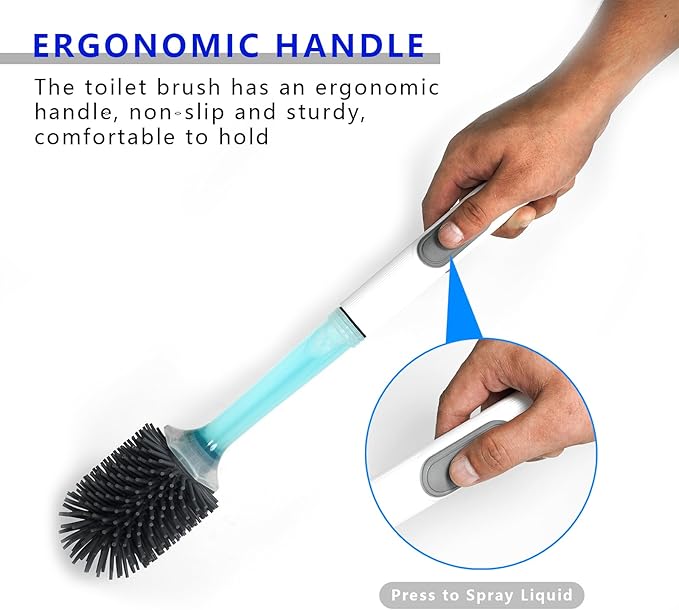 BERGFBV Silicone Toilet Brush and Holder Set, 2 Packs Bendable Toilet Scrubber for Curved Rim, Non-Scratch Drip-Resistant Brush with Sprayer, Space Saving Bathroom Essentials (2)