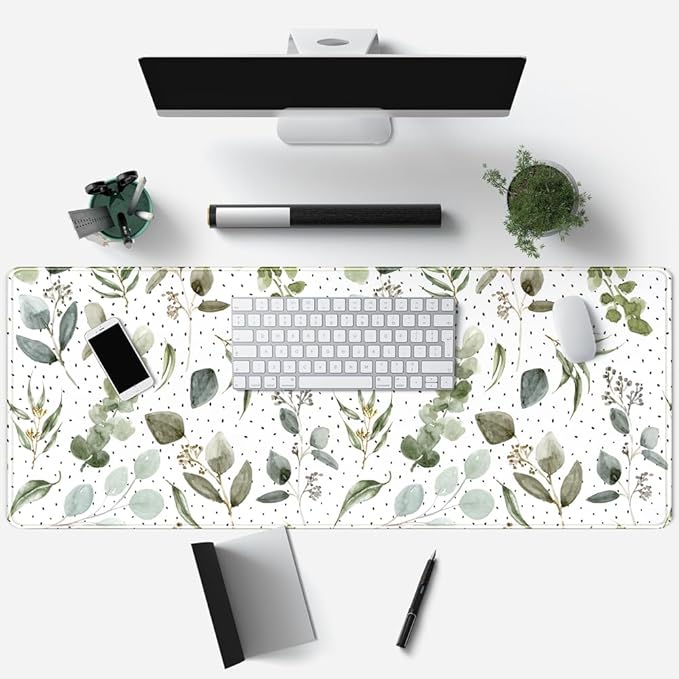 Green Mouse Pad Boho Desk Mat,Speckled Textured Greens Cool Aesthetical Mouse Pad Desk Accessories for Women Office Decor Mousepad Keyboard Pad, Non-Slip Rubber Base with Stitched Edges 31.5x11.8In