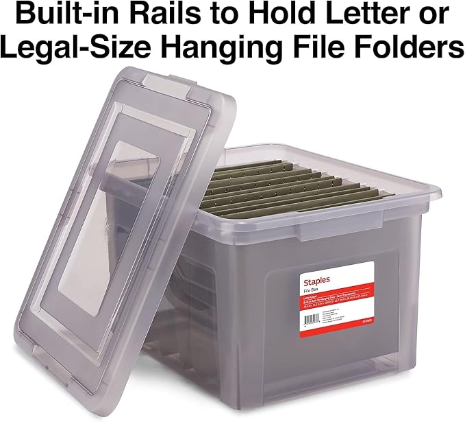 STAPLES Hanging File Folder Box, Storage Bin Organizer, Snap Lid, Letter & Legal Size Documents, Frost Gray