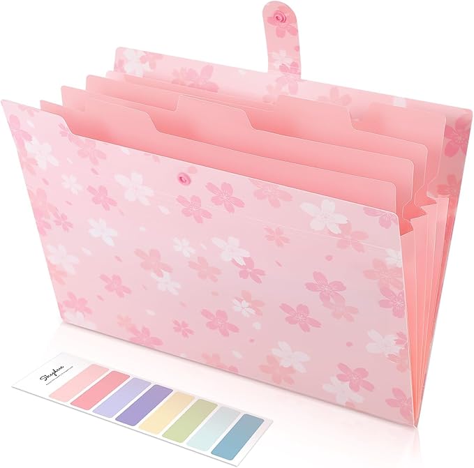 SKYDUE Pink Expanding File Folder with 5 Pockets, Cute Accordion File Organizer, Portable Receipt Paper Documents Organizer, Letter Size Filing Folder School Office Supplies