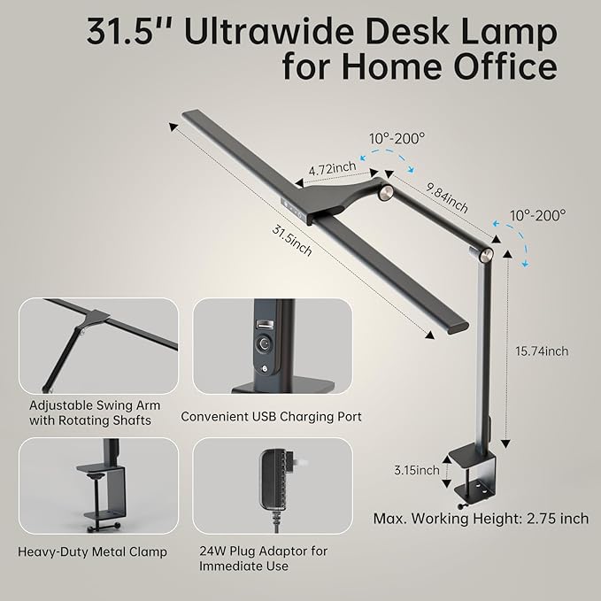LED Desk Lamp for Home Office, 24W Eye-Caring Reading Light with Clamp, USB Charging Port, 7 Brightness 5 Color Mode, Memory Function, Auto-Off Timer, Swing Arm Architect Table Lamp for Study