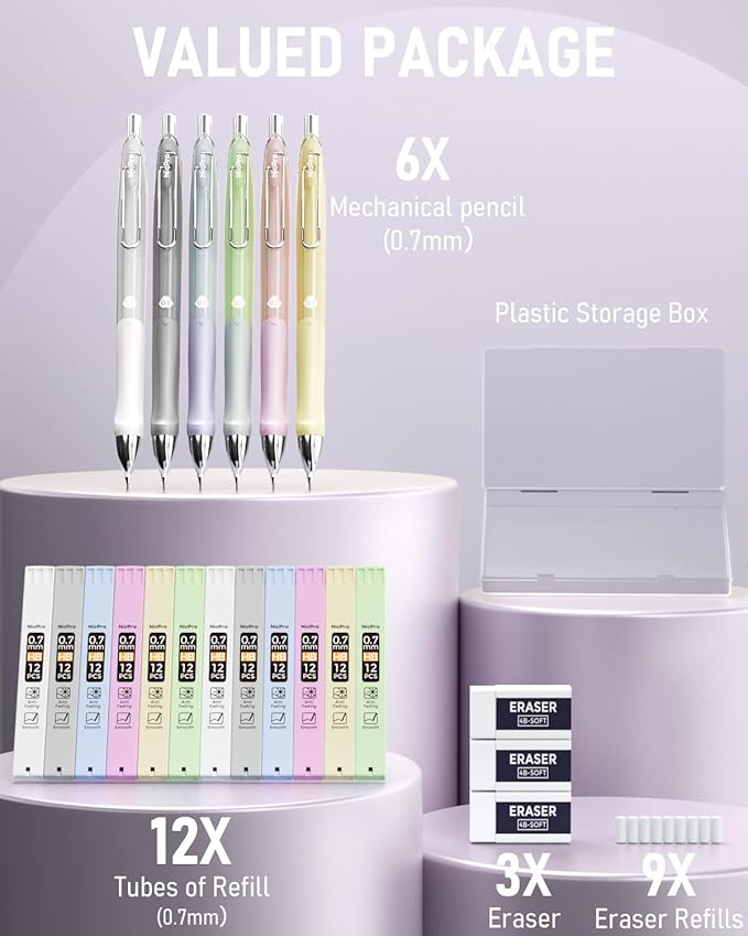 Nicpro 6PCS Pastel Mechanical Pencil Set 0.7 mm, Cute Mechanical Pencils with Comfort Grip with 12 Tubes HB Lead Refill, 3 Eraser, 9 Eraser Refills for Student Writing, Drawing, Sketching- with Case