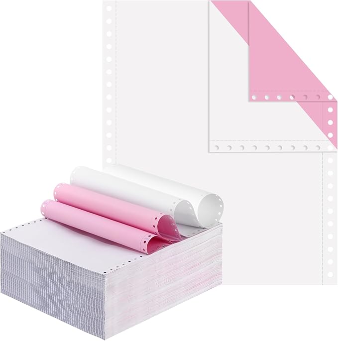 2000 Counts Continuous Feed Computer Paper Bulk 9-1/2'' x 11'' 2 Part Fanfold Left and Right Margin Perforated Carbonless Dot Matrix Printers Computer Plain Copy Paper White/pink Color